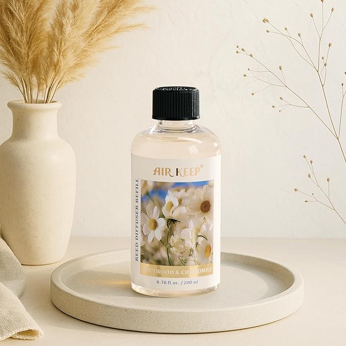 Airkeep Reed Diffuser Oil Refill with Diffuser Sticks, 6.76 Fl Oz(200ml) Chamomile Wood Scented Oils, Aroma Therapy, Home Fragrance & Air Freshener, Office Décor, Decoration