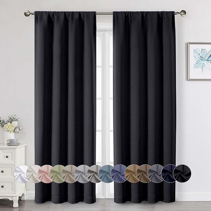 Black Blackout Curtains 84 Inch Length 2 Panels Set, Soft Solid Thermal Insulated Room Darkening Curtains 84 Inches Long for Bedroom Living Room, Rod Pocket Drape, Black, Each 40" Wx84 L