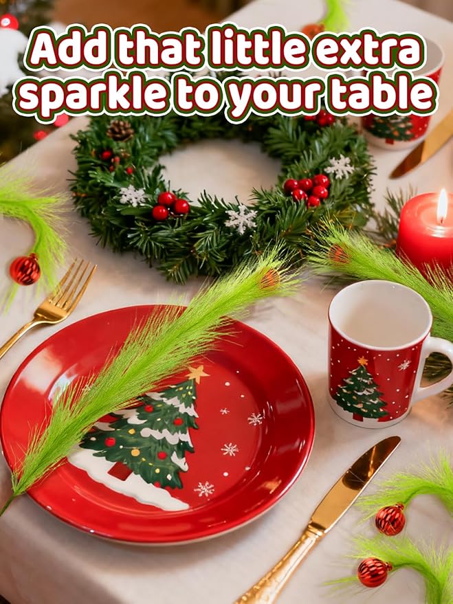 19" Elf Christmas Tree Topper - 12Pcs Lime Green Fluffy Curly Christmas Tree Picks Decorations Filler Ornaments with Red Ball, for Home Wreath Vase Holiday Party