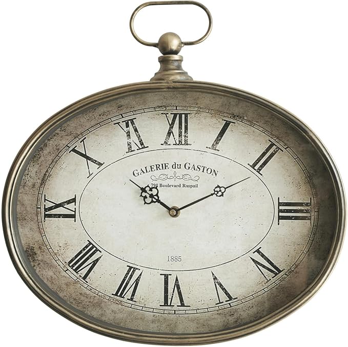 Vintage Decorative Wall Clock - 16 inch, Oval Pocket Watch Design, Retro Gold, Roman Numerals, Battery Operated, Large Antique Wall Clock for Living Room, Entryway, Kitchen, Bedroom, Bathroom, Office