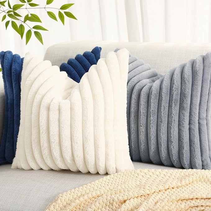 decorUhome Faux Fur Christmas Throw Pillow Covers 18x18 Set of 2, Decorative Soft Plush Striped Neutral Couch Euro Pillow Covers with Velvet Back for Sofa, Bed, Living Room Home Decor, Grey