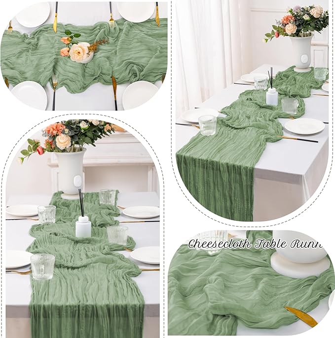 10 Pack Sage Green Cheesecloth Table Runner,10FT/120 Inch Boho Gauze Fabric Table Runner,Rustic Sheer Sage Green Cheese Cloth Runner Bulk for Wedding,Bridal Baby Shower,Birthday Party,Table Decor