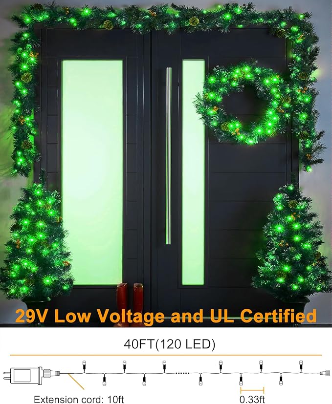 40FT 120 LED Christmas Lights Outdoor, Green Christmas String Lights with 8 Modes & Waterproof, Connectable Plug in Christmas Tree Lights for Indoor Garden Yard Party Holiday Decorations