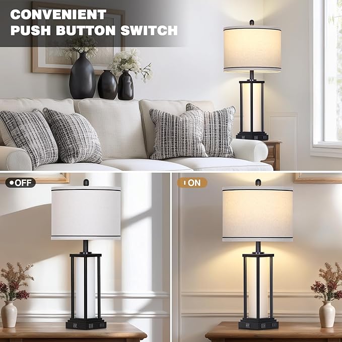 27in Tall Farmhouse Table Lamp Set of 2 with USB C+A & Outlet,Black Industrial End Table Lamp for Living Room,Vintage Rustic Bedside Lamps with Night Light for Bedroom Nightstand,Black