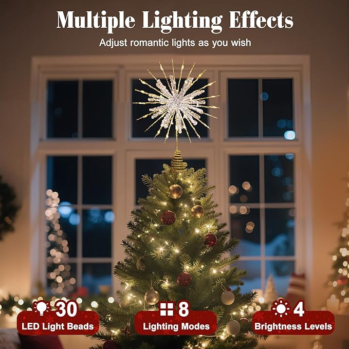 Lewondr Christmas Snowflake Tree Topper, 12.2 in 30 LED Xmas Tree Topper with Glittered Epoxy, Remote & USB Powered Snowflake Treetop, Xmas Home Decor for Party, 6H Timer & 8 Modes, Warm Light, Gold