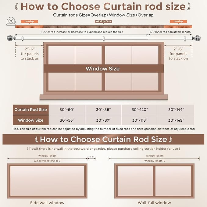 Wood Curtain Rods for Windows 28 to 48 Inches (2.33-4ft), 1'' Diameter Heavy Duty Adjustable Rustic Farmhouse Drapery Pole with Boho Imitation Wooden Grain Decorative Finials, Size 30"-60"