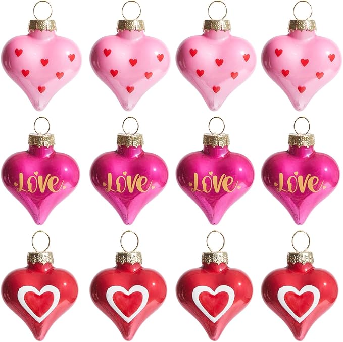WDS WONDROUS 12Pcs Heart Ornaments Set, 3 Style Pink Red Heart Baubles for Valentine's Day Wedding Party Decorations, Hanging Decor for Christmas Tree Anniversary Celebration
