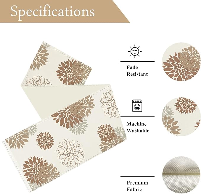 Coffee Brown Dahlia Table Runner Modern Elegant Flower Beige Table Runners Geometric Pompon Farmhouse Table Center Decor for Home Kitchen Dining Party Indoor Outdoor (13x72 Inch)