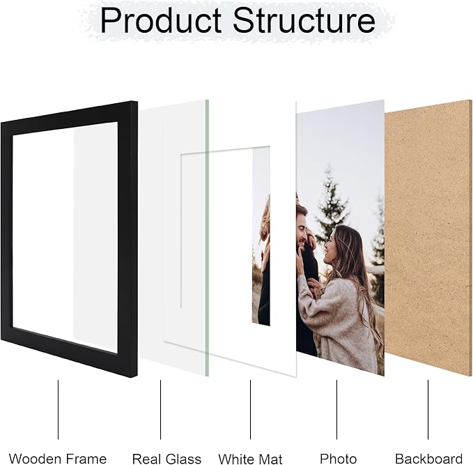 11x14 Picture Frame Set of 2, 11 x 14 Wood Photo Frames with Mat for 8x10, Wooden Frame with Real Glass Cover for Wall and Tabletop Display,Black