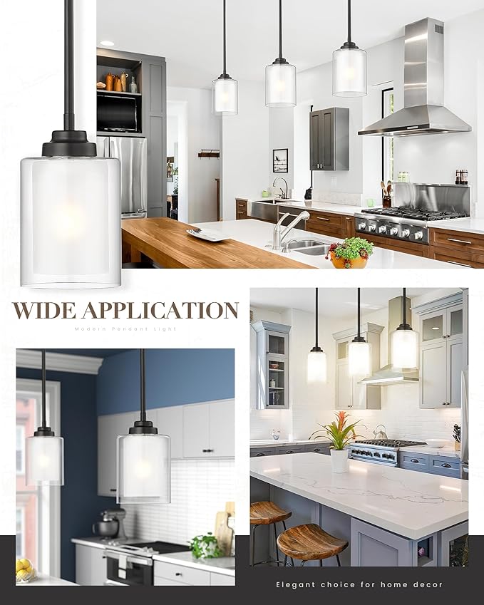 TENGXIN Modern Pendant Light, Matte Black Pendant Lights Kitchen Island,Farmhouse Pendant Lighting for Dining Room Bedroom Bar Office 2Pack,TXPLBK02-2PK