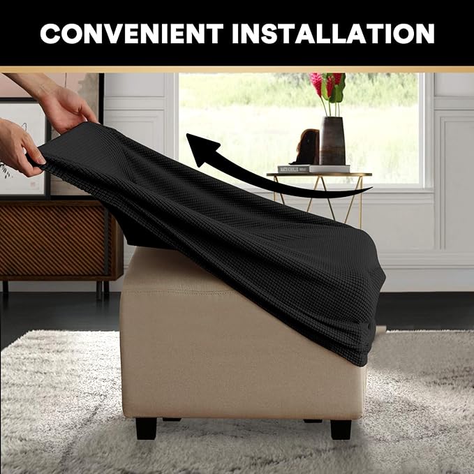 PrinceDeco Stretch Ottoman Cover Ottoman Slipcovers Square for Living Room Foot Stool Stretch Covers to Fit Ottoman Foot Rest, Thick Checked Jacquard Fabric with Elastic Bottom (Medium Size, Black)