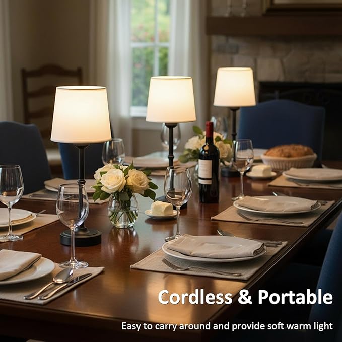Cordless LED Table Lamp, Portable Fabric Shade Desk Lamp, 6000mAh Rechargeable Battery Operated Lighting, 3000K Warm Ambient Light for Restaurant/Bar/Bedroom/Beside/Nightstand, Black