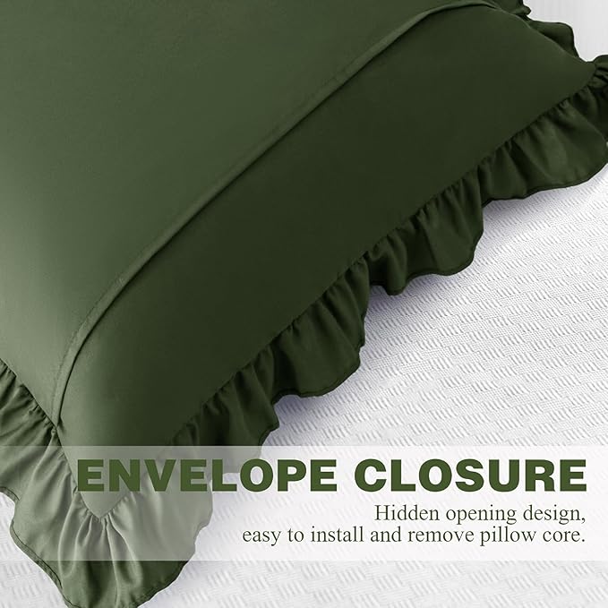 KKJIAF Ruffle Pillow Cases 26x26 Inches, Olive Green Square Ruffled Pillow Covers Set of 2, Microfiber Wrinkle Resistant Pillow Shams with Envelope Closure for Sofa Bed Living Room