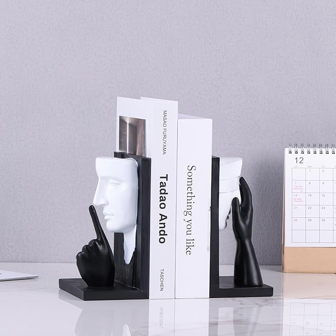 Abstract Face Sculpture Bookends Set of 2 – Modern Black and White Art Book Ends, Unique Decorative Statues for Bookshelf, Home Office & Library Decor (Black White)