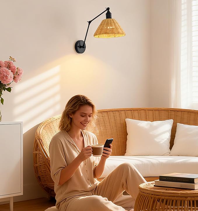 Battery Operated Wall Sconce, Rattan Wall Sconces Battery Operated Set of 2, Bohemian Wireless Battery Wall Sconce with Remote Control for Bedroom, Farmhouse, Gallery
