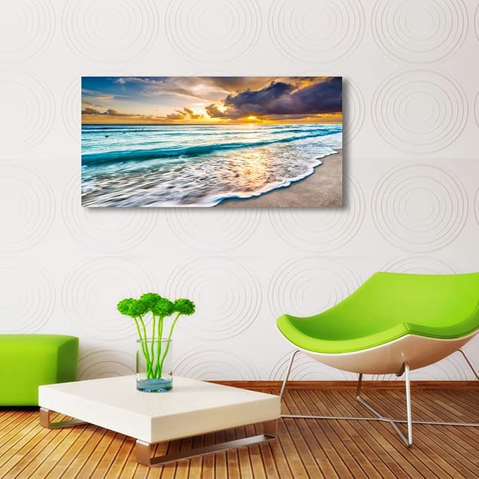 Beach Canvas Wall Art Seascape Theme Pictures Home Decor Blue Ocean White Wave Sunset Prints Paintings for Living Room Bathroom Bedroom Kitchen Office Decorations Natural Landscape Artwork 24x48inches