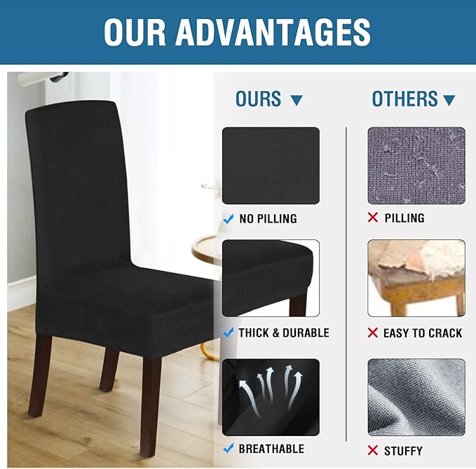 H.VERSAILTEX Velvet Dining Chair Covers Stretch Chair Covers for Dining Room Set of 4 Parson Chair Slipcovers Chair Protectors Covers Dining, Soft Thick Solid Velvet Fabric Washable, Black