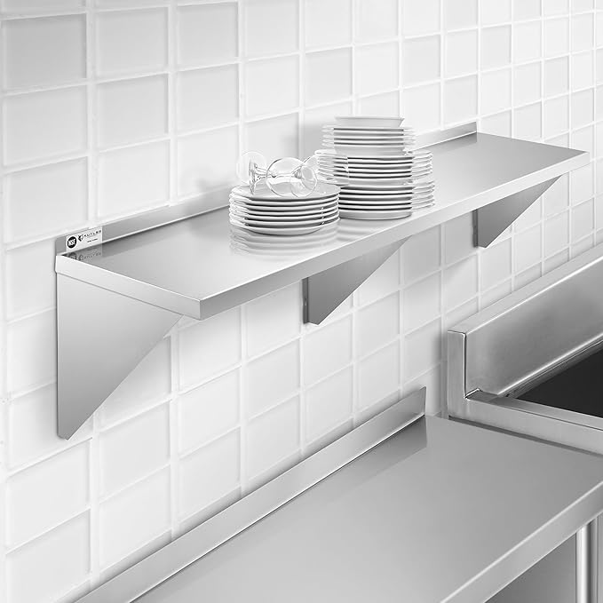 KUTLER Stainless Steel Shelf - 18" x 72", NSF Commercial Wall Mount Shelves with Backsplash, Floating Metal Shelving for Restaurant, Kitchen, Home