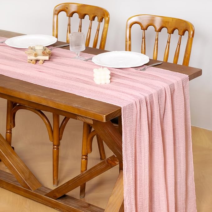 Socomi 3pcs Pink Gauze Valentine's Day Cheesecloth Table Runner Blush 120 Inch Rustic Boho Cheese Cloth Runner for Wedding Party Baby Bridal Shower Centerpiece Decoration Holiday Home Decorations