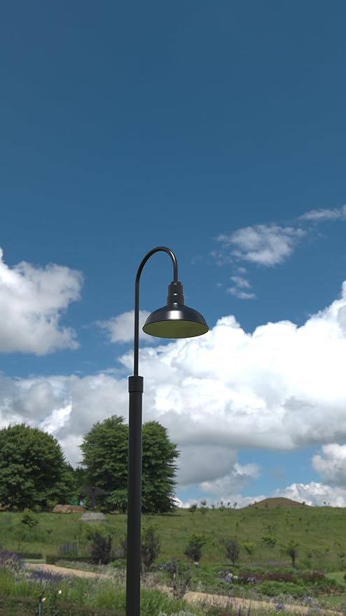 Steel Lighting Co. Hawthorne Light | Outdoor Pole Top Mounted | 8" Dome | Upslope Gooseneck with Slip Fitter for 2-3/8" Standard Poles | Made in America | Matte Black Exterior/Matte Black Interior