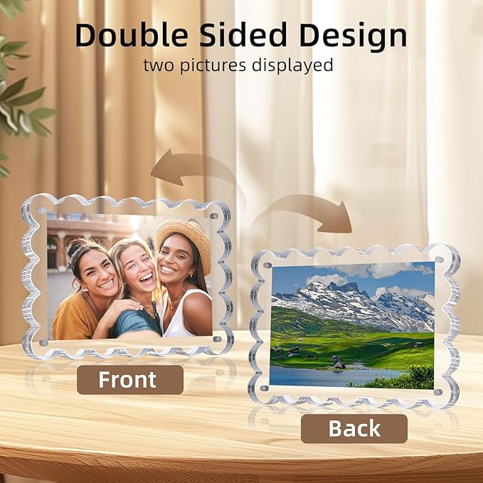 3 Pack Acrylic Picture Frame: 4x6inch Magnetic Picture Frames, Double Sided Magnet Frames,10+10mm Thick Block, Clear Photo Scalloped Frames Freestanding for Desktop Display