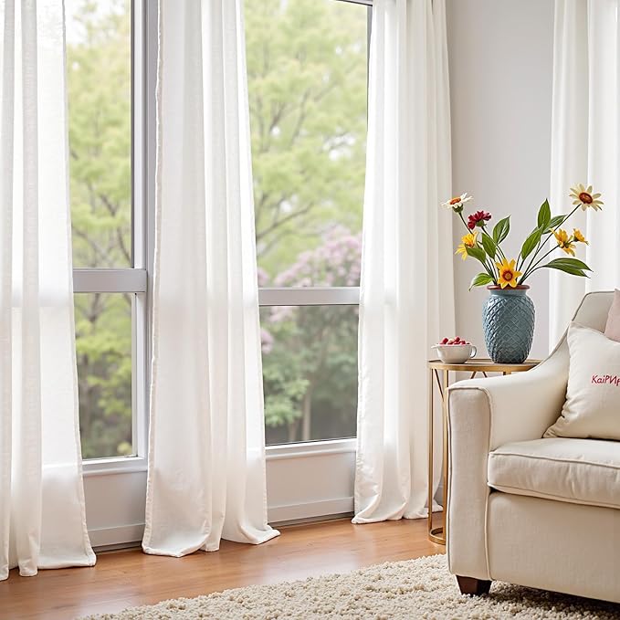 jinchan Linen Curtains 50W x 96L Inch Off White for Living Room Farmhouse Curtains Clip Rings Back Tab Rod Pocket Drapes 4-Panel Set