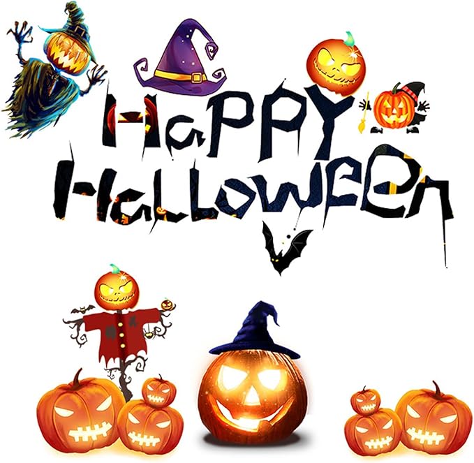 Happy Halloween Wall Decals – Removable Vinyl Stickers with Pumpkins, Witches, Bats & Scarecrow, Halloween Decorations for Home, Office, Shop Window, Party Wall Decor