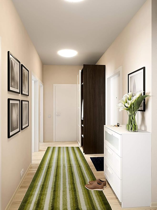 Custom Size Hallway Runner Rug, Slip Resistant, 26 Inch Wide X Your Choice of Length, Stripes Green, 26 Inch X 34 feet