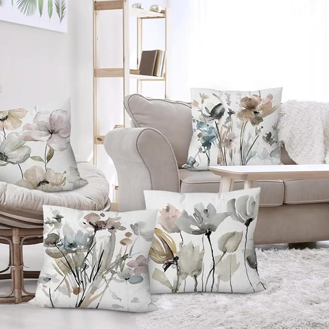 COMMINY Brown White Grey Pillow Covers 20x20 Set of 6 Flower Throw Pillow Cover for Couch Modern Decorative Watercolor Floral Cushion Cover for Sofa Bedroom Living Room Farmhouse Home Decor