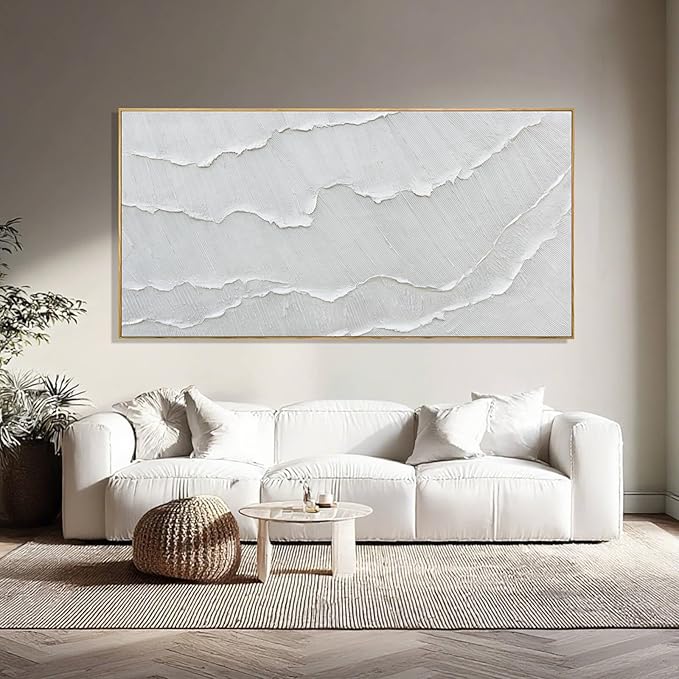 WINKAILIN Contemporary Gray-White Abstract Flat printing Wall Art with Frame Large Canvas Ocean waves Painting for Living Room Bedroom Above Couch Decor 29"x58"