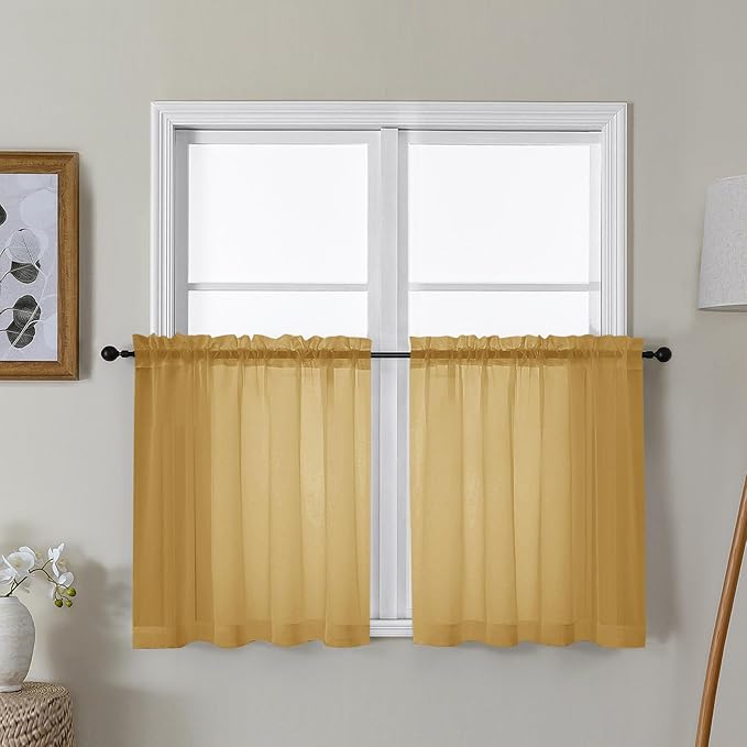 Gwine Gold Sheer Curtain Tiers 24 Inch Length, Light Filtering Voile Short Curtain for Living Room Bedroom, Rod Pocket Cafe Curtains for Small Windows 42x24 Inch, 2PCS