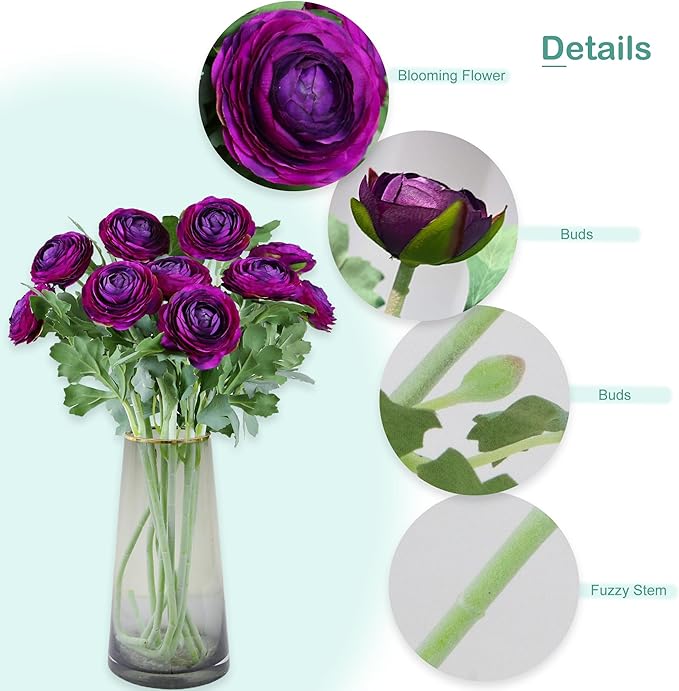 Artificial Ranunculus Flowers with Real Touch Stem,Silk Ranunculus Flowers (Purple, 6pcs)