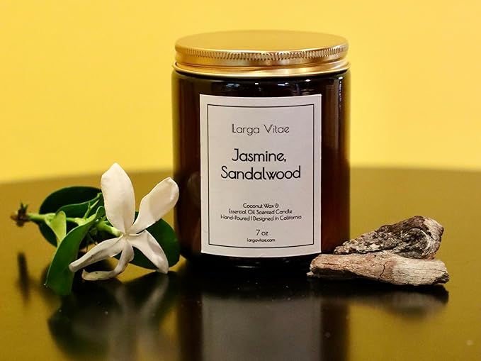 All-Natural Jasmine, Sandalwood Aromatherapy Essential Oil Candle, Safe for People and Pets, Made with Pure Sustainable Organic Vegan Coconut Wax, Allergy Friendly, Non Toxic, Zero Waste