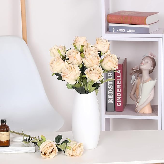 Nubry Artificial Silk Rose Flower Single Stem Lifelike Vintage Fake Rose for Wedding Bouquet Floral Arrangements Home Party Centerpiece Decoration, 10pcs (Vintage Champagne)