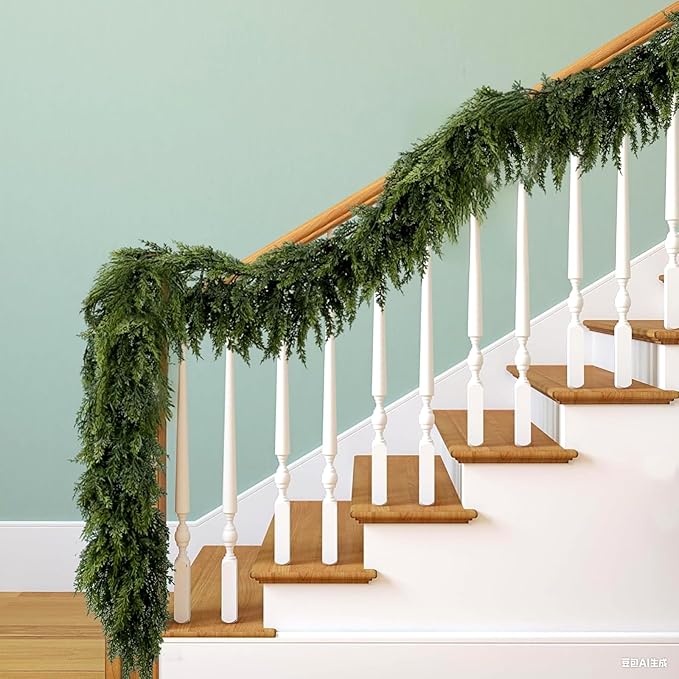 9FT Christmas Garland Decoration, Realistic Artificial Green Faux Cedar Pine Garland Holiday Decor for Outdoor Indoor Green Greenery,Fireplaces Holiday Party Decorations
