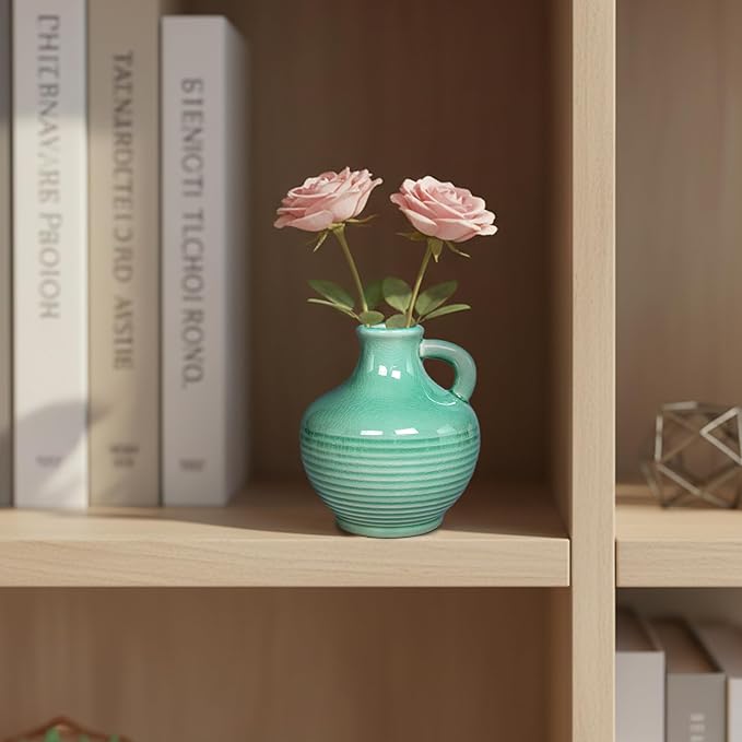 Sunddo Green Ceramic Vase 6 Inch - Small Decorative Vases with 1 Handle, Textured Modern Vase for Home Decor, Bathroom, Bedroom, Living Room, Centerpiece, Table Decor