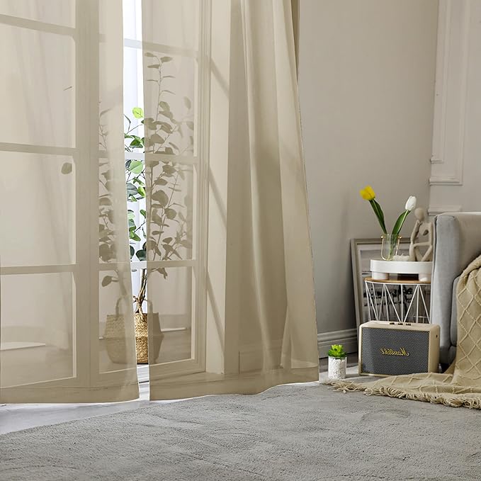 Lecloud Taupe Sheer Curtains 96 Inches Long 2 Panels, Modern Voile Solid Breathable Curtains, Transparent Farmhouse Home Decor with Dual Rod Pocket for Living Room Bedroom, Each 42" W x 96" L