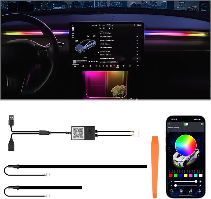 Interior Car LED Strip Lights for Tesla Model 3 Y 2021-2023, 16 Million Colors Ambient Lighting Kit with APP Control, Music Sync Color Change Neon Lights for Dashboard & Center Console