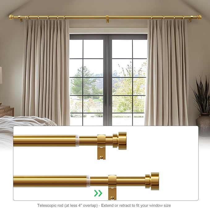 Gold Curtain Rods for Windows 72 to 144 Adjustable Modern Curtain Rod 1 inch Diameter Heavy Duty with Solid Metal Finials for Living Room Bedroom Farmhouse Outdoor Patio