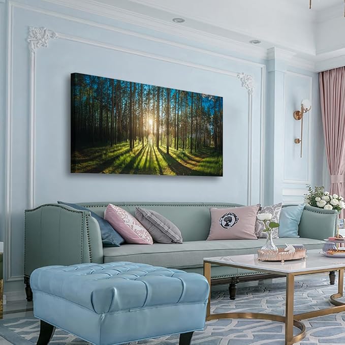 Sunrise Forest Pictures Canvas Wall Art for Living room Office Bedroom Wall Decor,Forest Wall Art Print Paintings Modern Green Nature Landscape Artwork Waterproof Ready to Hang-24x48 inch