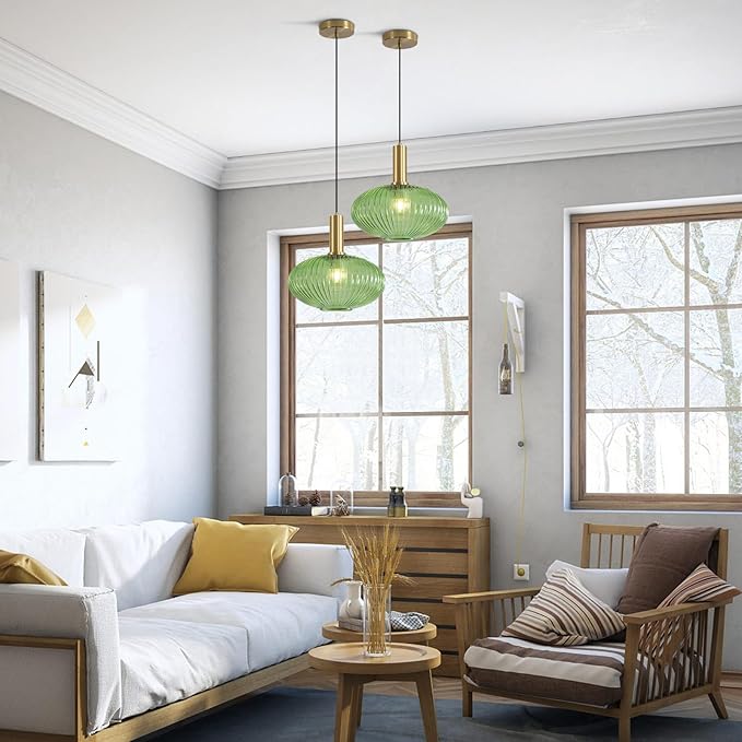 KCO Lighting Modern Gold Pendant Lights Kitchen Island Lighting Large Green Glass Globe Pendant Light Brass Dining Room Hanging Light Fixture Vintage Ribbed Ceiling Light