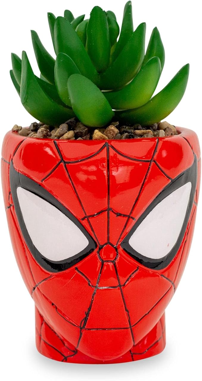 Marvel Comics Spider-Man Web-Head 3-Inch Ceramic Mini Planter with Artificial Succulent | Small Flower Pot, Faux Indoor Plants