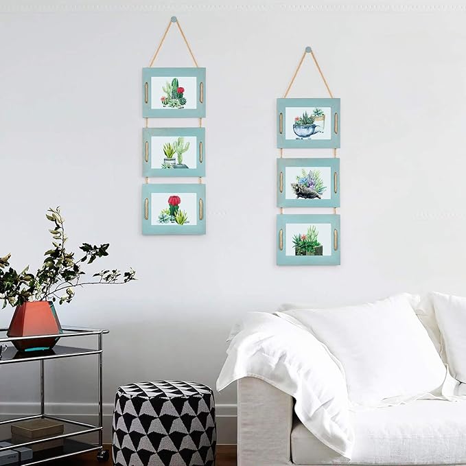 DLQuarts 5x7 Hanging Picture Frames Collage Wall Decor, Photo Frames 5x7 Without Mat & 3.5x5 with Mat, Rustic Wood 3-Frame, Ocean Blue, 2-Pack