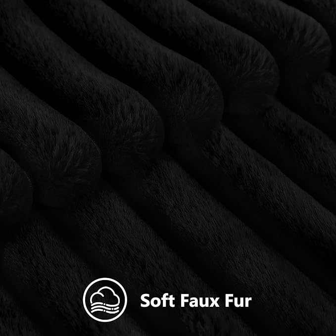 decorUhome Faux Fur Christmas Throw Pillow Covers 22x22 Set of 2, Decorative Soft Plush Striped Neutral Couch Euro Pillow Covers with Velvet Back for Sofa, Bed, Living Room Home Decor, Black