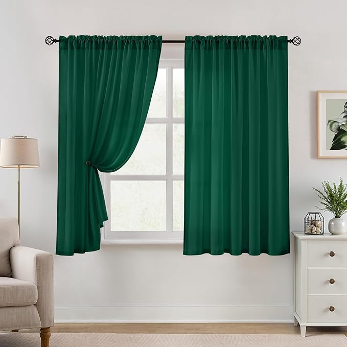HOMEIDEAS Non-See-Through Dark Green Privacy Semi Sheer Curtains 63 Inches Long 2 Panels Set Light Filtering Curtains for Living Room Bedroom Drapes,W52xL63
