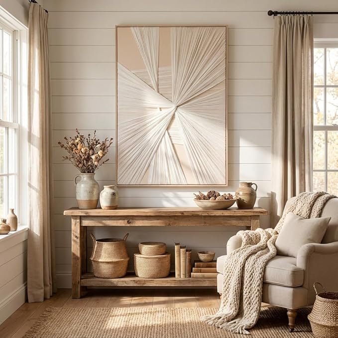 Artists' Handicraft, Large 3D Fabric Hand Painted Framed Wall Art, Minimalist Modern Luxury Artwork, Abstract Boho Modern Long Beige Wall Decor, Neutral Trendy Paintings for Living Room Bedroom Hallway Office, Vertical, 30x45 In