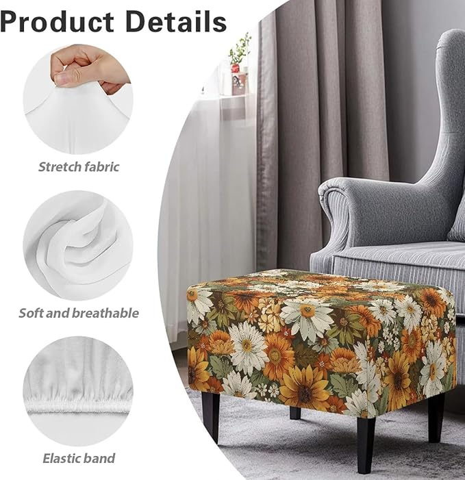 Sunflower Fall Ottoman Cover - Ultra Stretchy Machine Washable Slipcover for Rectangular Footstools, Cozy Thanksgiving Home Decor, 30x24x15 Inch for Friends