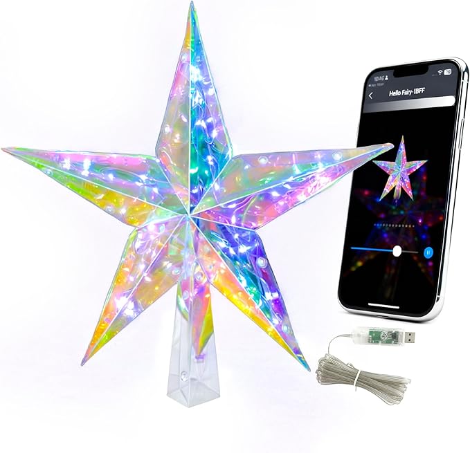 Smart Christmas Tree Topper Star App Control, 11.8" PET Christmas Tree Topper Lighted 20 LEDs RGB Color Changing Lighted Treetop Decorate for Xmas Decorations Ornaments Holiday Party Indoor Decor