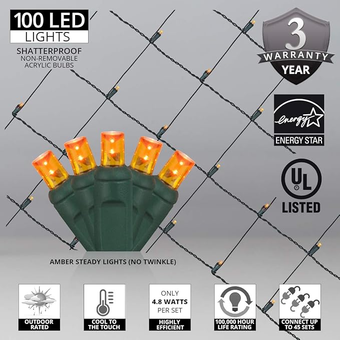 Wintergreen Lighting 100 5mm Orange LED Christmas Net Lights, 4 x 6 ft Indoor/Outdoor Commercial Grade Hedge, Shrub & Yard Holiday & Halloween Lighting