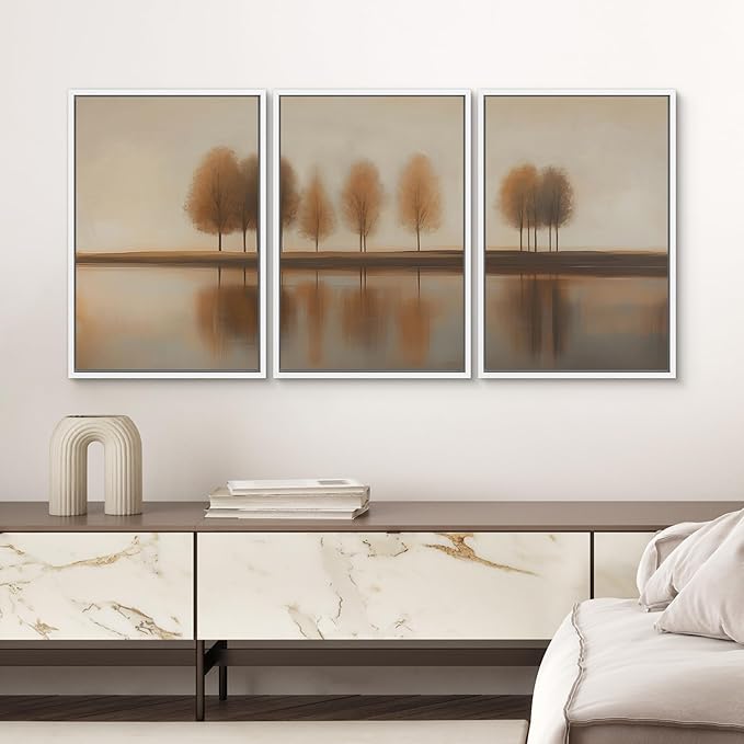 SIGNWIN Framed Canvas Print Wall Art Set Golden Autumn Trees by The Lake Tranquil Nature in Warm Earth Tones Illustrations Modern Art Decorative Zen for Living Room, Bedroom, Office - 24"x36"x3 White